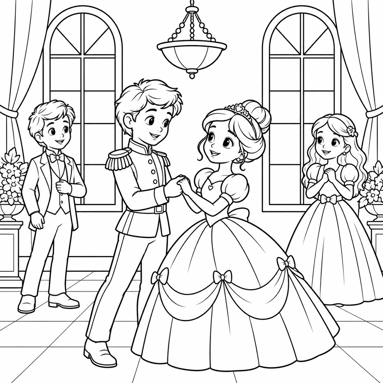 The Grand Royal Ball coloring page with a girl and prince dancing in a ballroom with tall windows and a chandelier